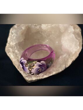 Artisan Lampwork Glass Rose Ring • Purple Rhinestone Floral Statement • Size 7